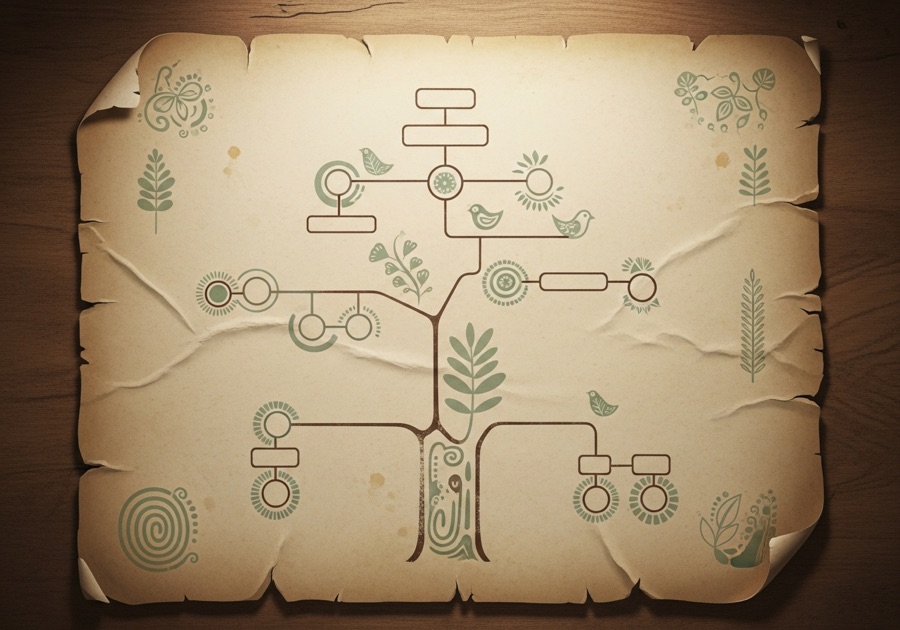 Vintage genealogy chart on parchment with faded sepia ink and sage-green accents