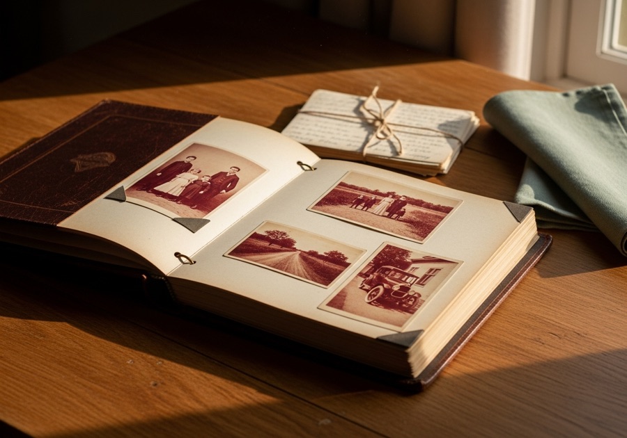 An open leather photo album on a wooden table with sepia photographs visible